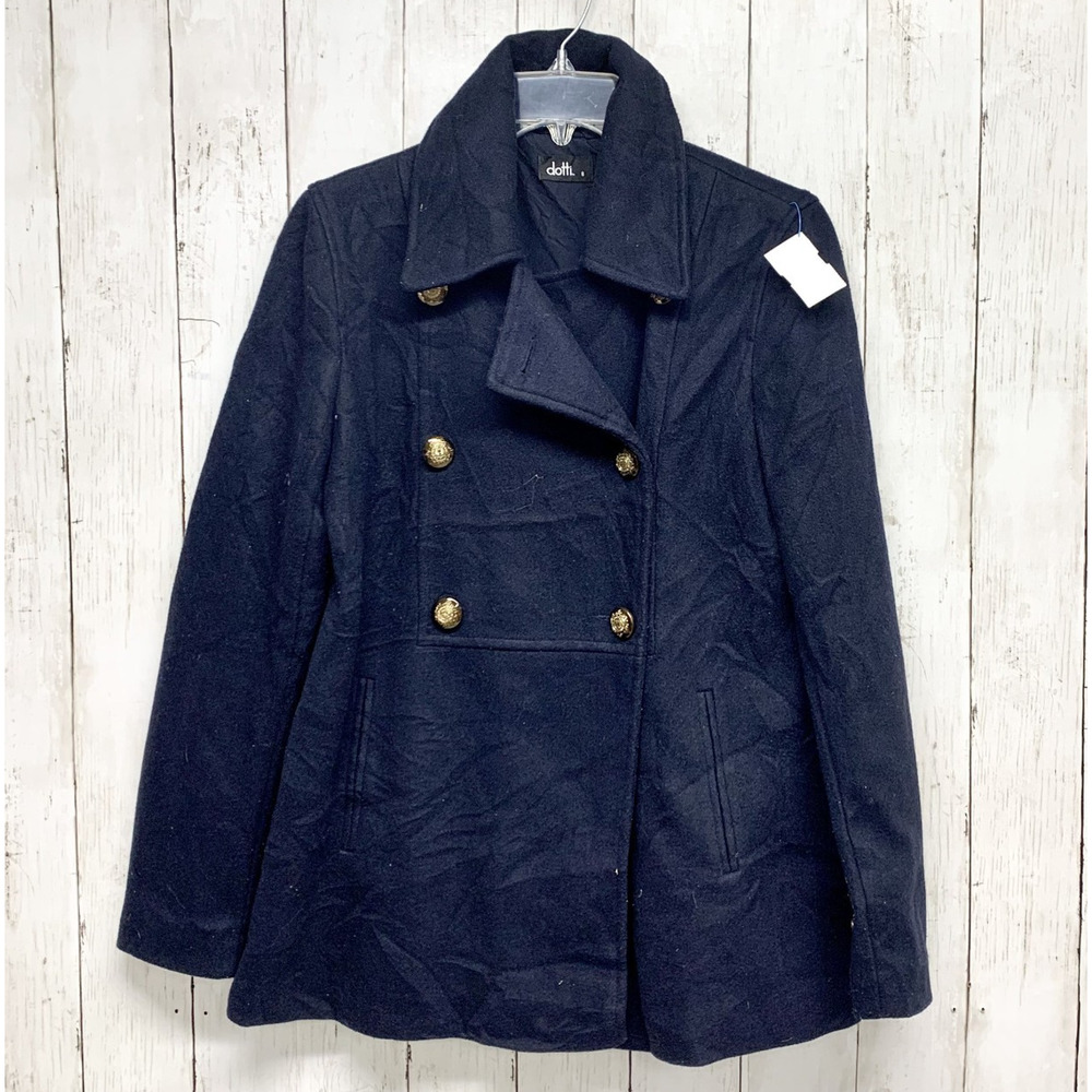 Dotti Jacket Women Size 8 Navy Blue Collared Long Sleeve Peacoat Gold Buttons